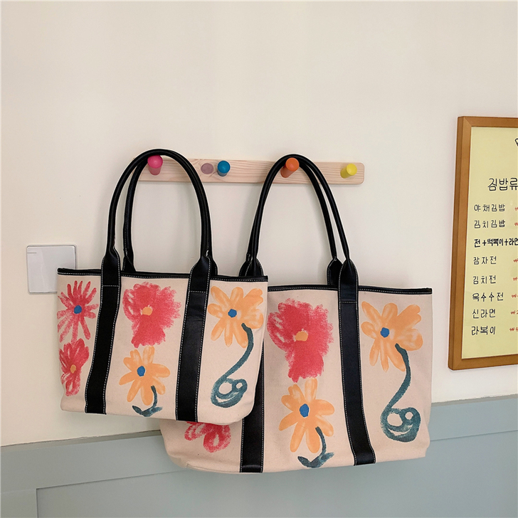韩国新款女包2020ins拼接帆布涂鸦花朵...