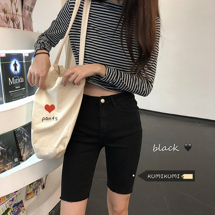 夏季薄款修身弹力水洗高腰牛仔裤中裤女韩版显...