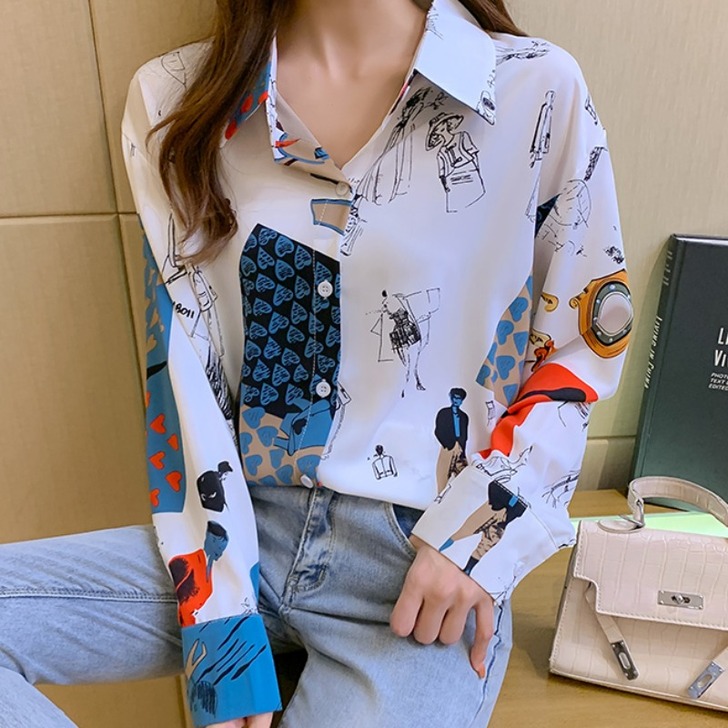 时尚印花衬衫女春装2021新款设计感外穿百...