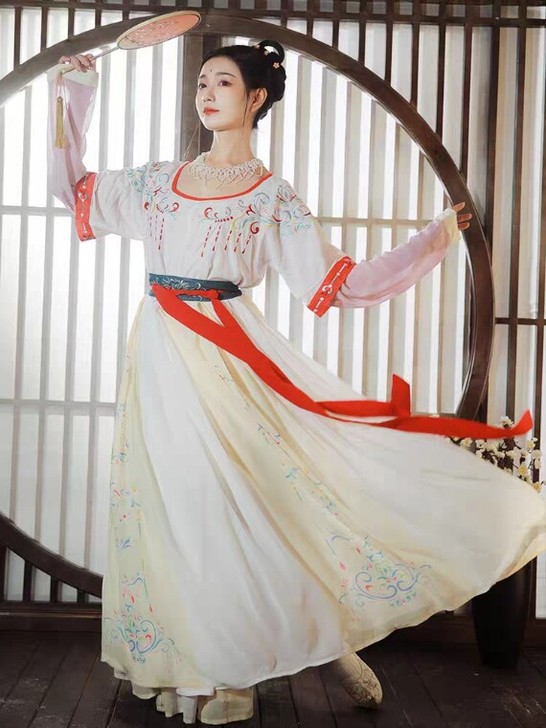 柒邑正品原创汉服女坦领三件套齐腰襦裙非古装...