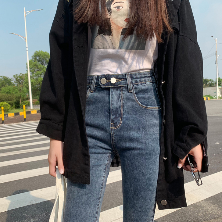 牛仔裤女2021春款新款高腰修身显高显瘦百...