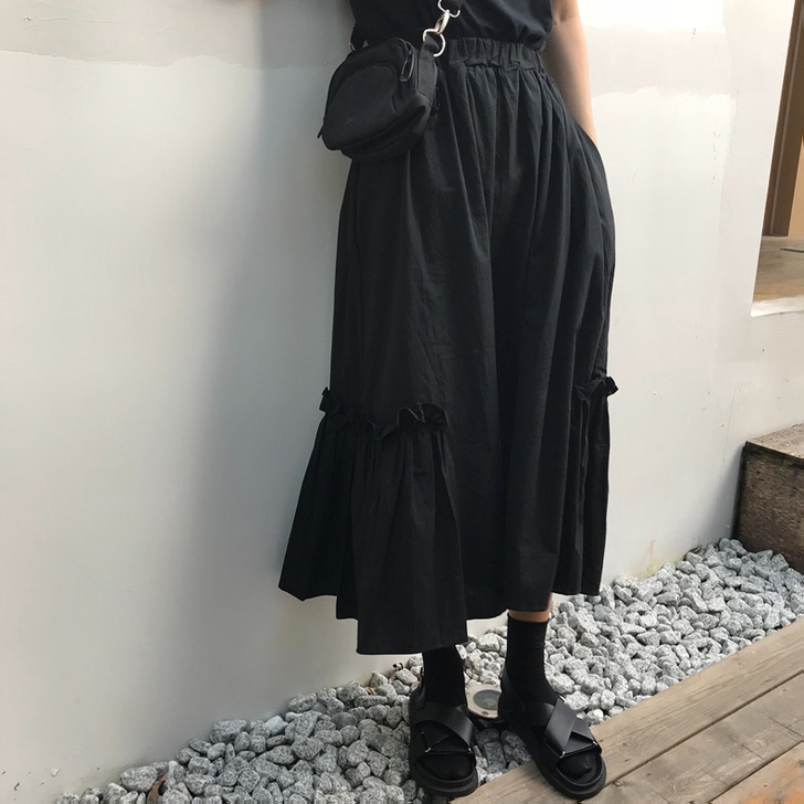 秋装韩版女装chic复古高腰显瘦荷叶边裙宽...