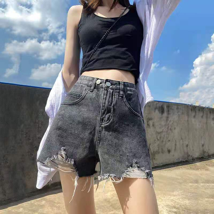 大码包邮，韩版牛仔短裤显瘦宽松大码女夏烟灰...