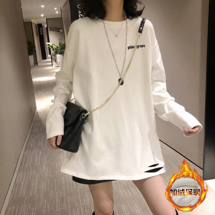 2020秋冬季新款白色长袖t恤女宽松中长款...