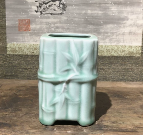 六七十年代 青瓷竹节笔筒 全品高13口8....