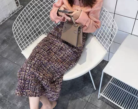 2022秋冬新款小香风粗花毛呢高腰半身裙女...