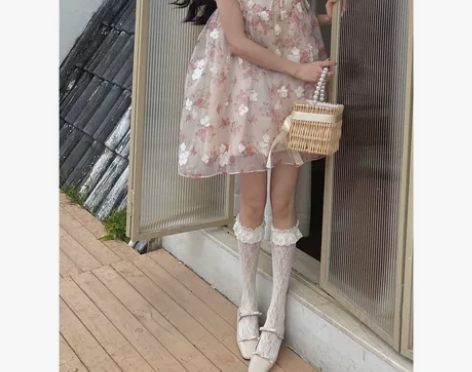 仙女公主裙夏季女学生蝴蝶结飞飞袖玫瑰碎花小...