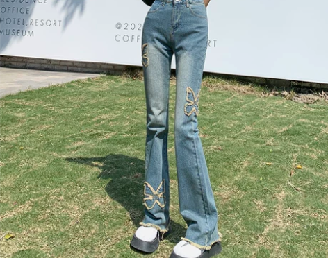 春夏毛边复古微喇牛仔裤弹力chic喇叭裤女...