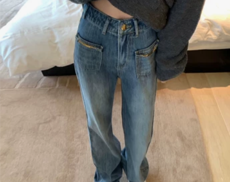 复古直筒牛仔裤女春秋胖妹妹大码高腰显瘦阔腿...