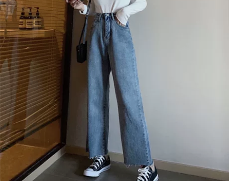 春装女装韩版宽松水洗阔腿裤牛仔裤高腰显瘦直...
