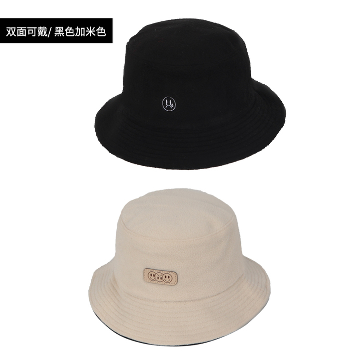 帽子女秋冬双面毛绒纯色渔夫帽网红圆脸表情可...