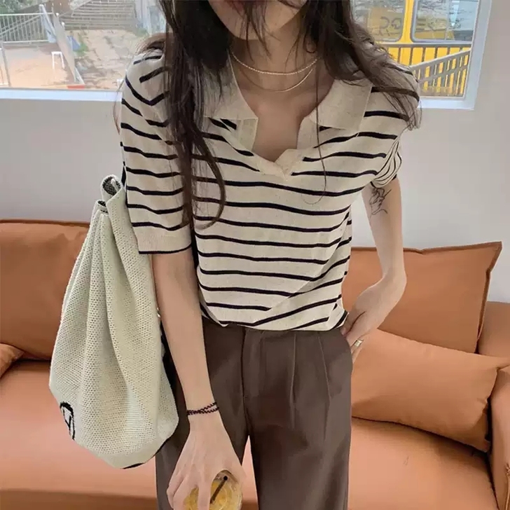条纹针织短袖t恤2021年新款女上衣夏季设...
