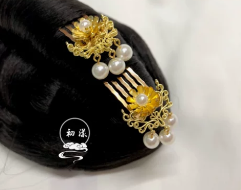 初漾-金明灭 唐风发梳花钿汉服簪子金色复古...