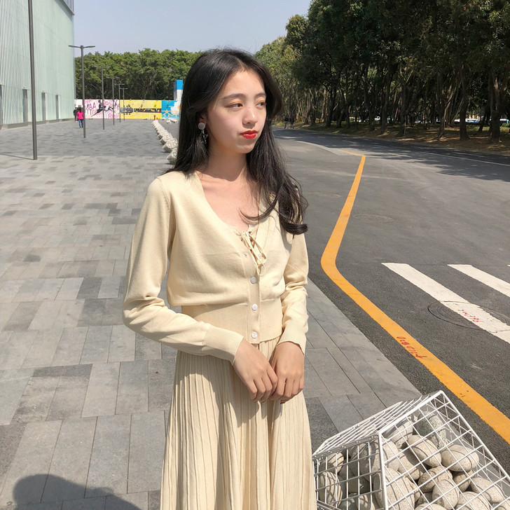 轻奢两件套 素色短款针织小开衫女修身显瘦绑...