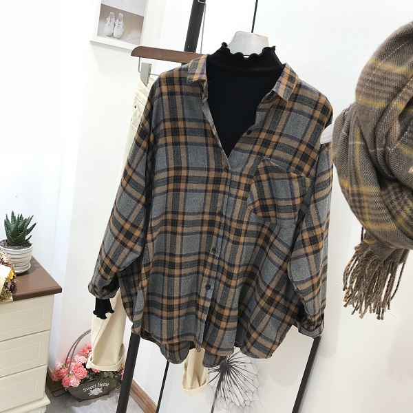 复古素色磨毛翻领格子衬衫女韩版文艺范宽松休...