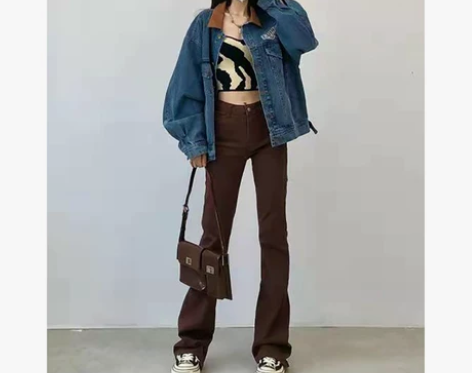 【春节不打烊】美式复古高街咖色微喇弹力牛仔...