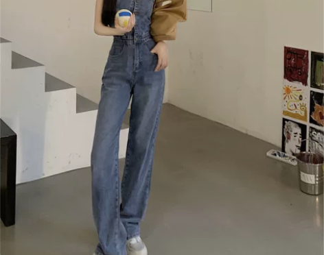 抹胸牛仔连体裤女性感气质直筒阔腿长裤夏季薄...
