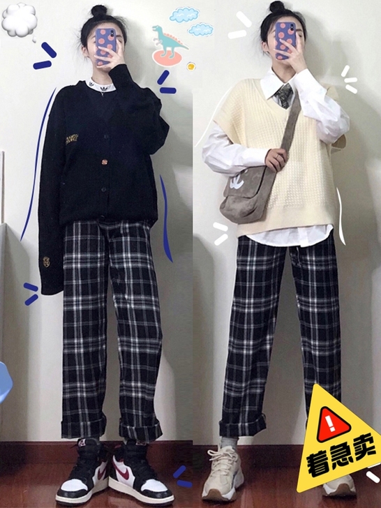 黑白格子裤子女春秋季夏宽松慵懒垂感直筒休闲...