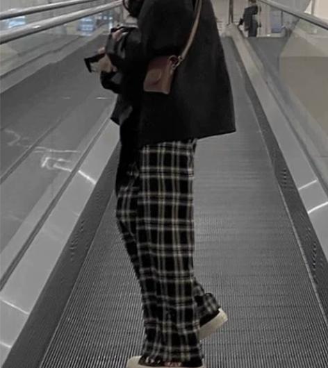 高街黑色格子裤女秋冬梨形微胖宽松大码女装胖...