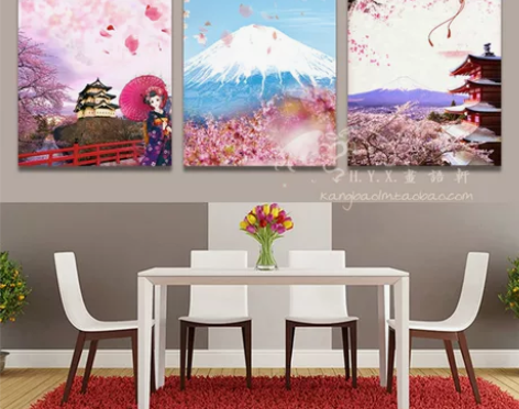 日本富士山樱花风景挂画日式寿司料理店装饰画...