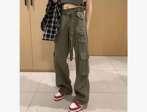 灰色工装裤女夏季新款美式复古宽松小众百搭高...