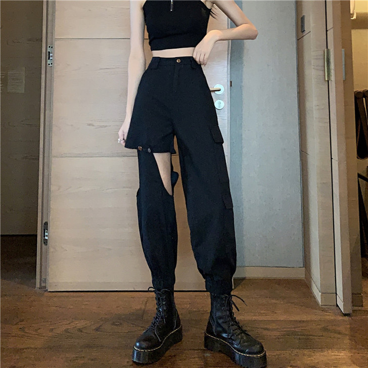 破洞工装裤女显瘦高腰夏季薄款宽松直筒束脚裤...