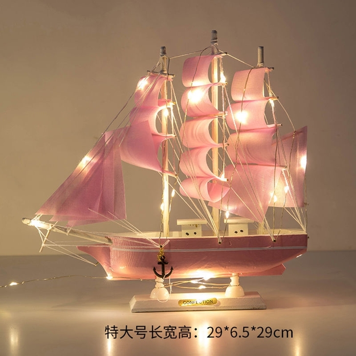礼物帆船模型摆件带灯木质工艺船一帆风顺男毕...