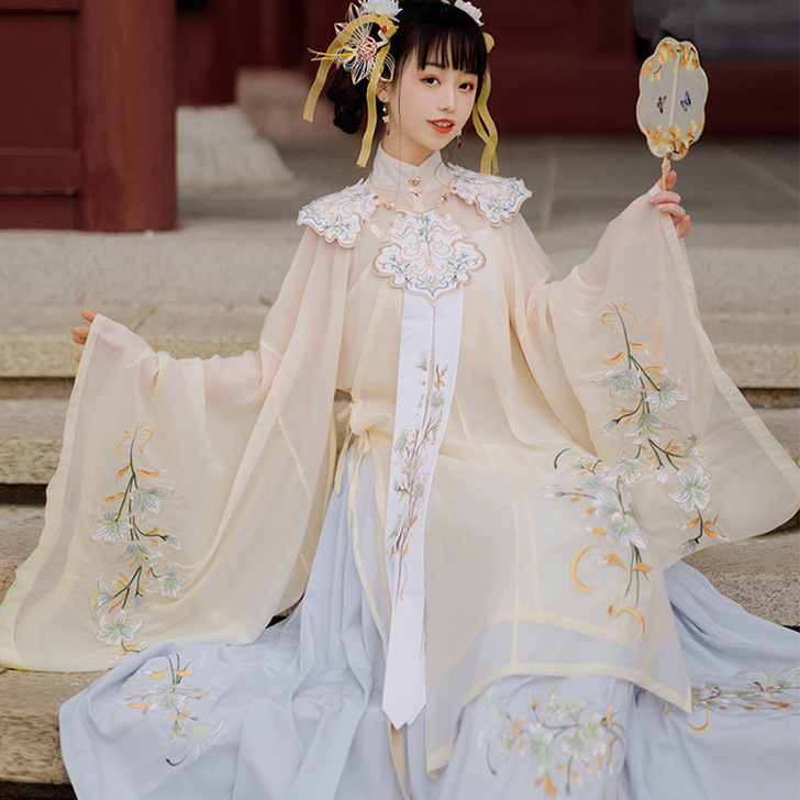 原创正品明制汉服女夏季白菜超仙气云肩全套中...