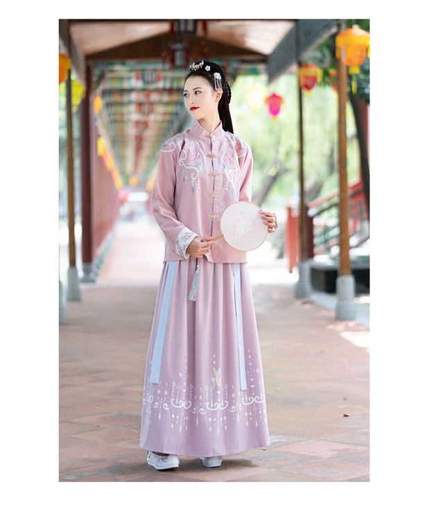春秋传统改良汉服女明制绣花立领对襟袄裙齐腰...