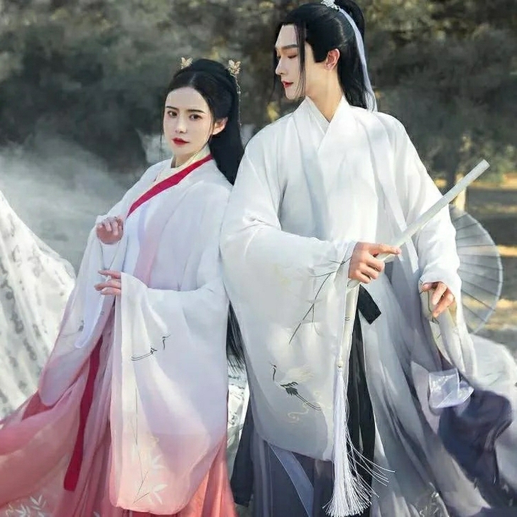 原创汉服长相思魏晋中国风男女情侣古装竹鹤印...