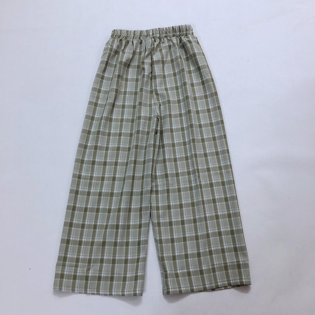 日系宽松系带格子阔腿裤