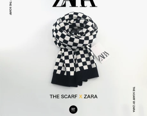 zara黑白棋盘格子针织毛线围巾日系韩版百...