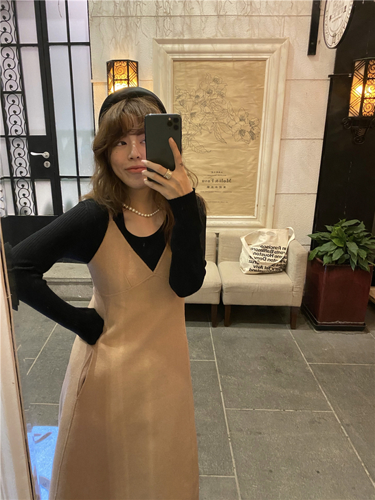 3ts 秋冬新款修身气质毛呢背带连衣裙女收...