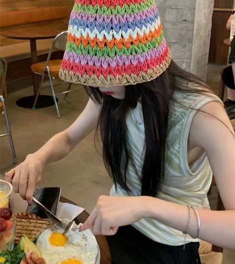 彩色编织草帽子女夏镂空渔夫帽透气显脸小水桶...