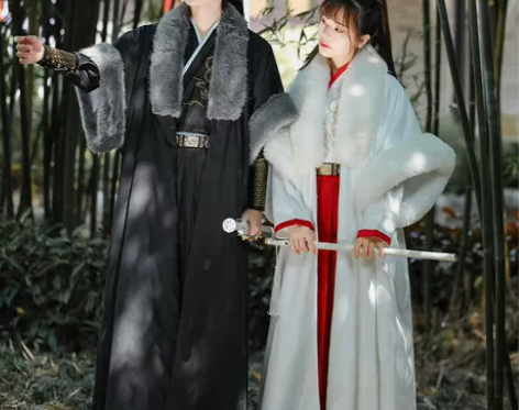 斜塘衣庄黑白夜煞汉服女披袄裘衣毛领斗