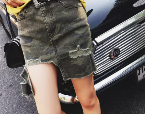 春季下摆不规则牛仔半身裙女迷彩高腰气质时尚...