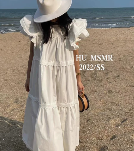 正品HU新款时尚甜美系减龄荷叶边飞袖圆领连...