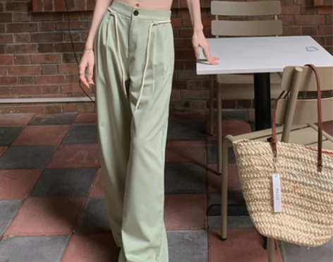 绿色系带西装休闲裤女夏季薄款西裤高腰直筒百...