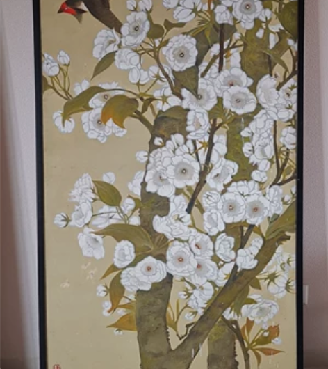 手绘仿工笔画的大幅布面油画。尺寸1米*2米...
