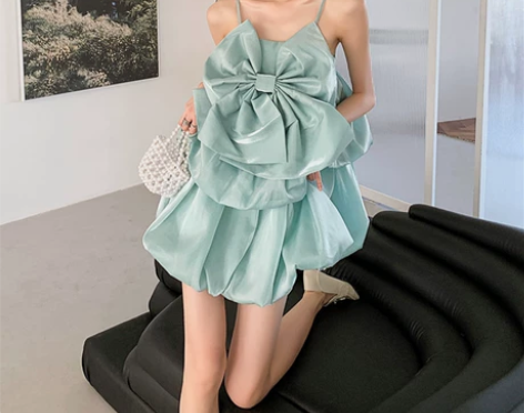薄荷绿花苞裙吊带蓬蓬裙夏天惊艳蝴蝶结公主法...