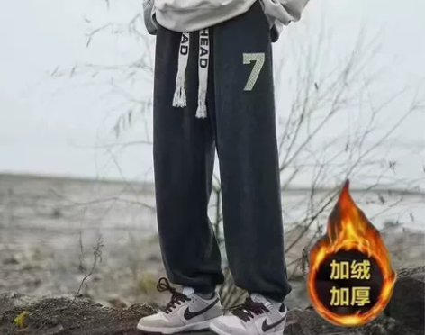 加绒加厚束脚卫裤男冬季高街潮牌宽松阔腿运动...