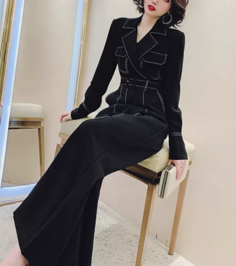 明线装饰垂感西装连体裤秋装2022年新款女...