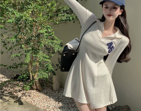 polo领白色连衣裙女春季纯欲风收腰显瘦气...