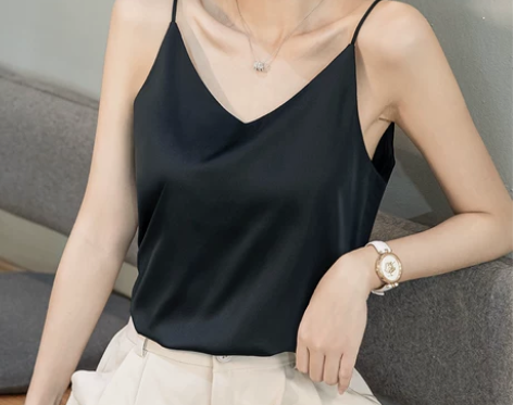 冰丝吊带背心女夏季薄款雪纺真丝缎面黑色内搭...