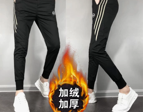 秋冬季精神小伙加绒休闲裤男士韩版修身束脚裤...