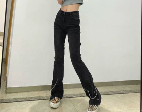 Rapcopter牛仔裤女喇叭裤腿开衩纽扣...