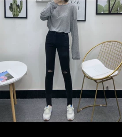 代破洞牛仔裤女黑色高腰九分铅笔紧身裤 26...