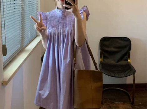 法式小飞袖温柔甜美连衣裙风琴褶甜美小个子显...