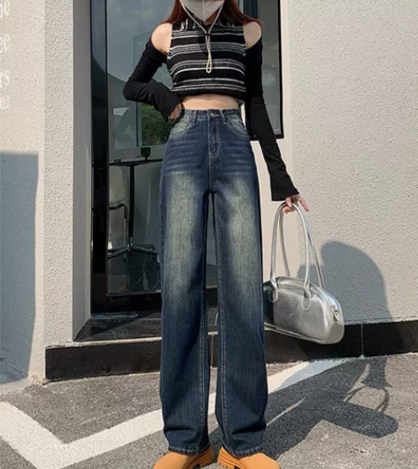 BRN辣妹复古高腰阔腿牛仔裤女2022年秋...