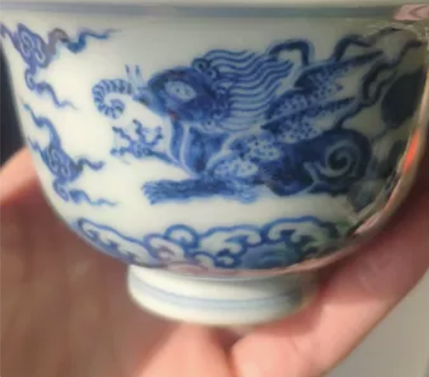 柴窑仿明苏麻离青青花海象盖碗,海水纹,锡斑...